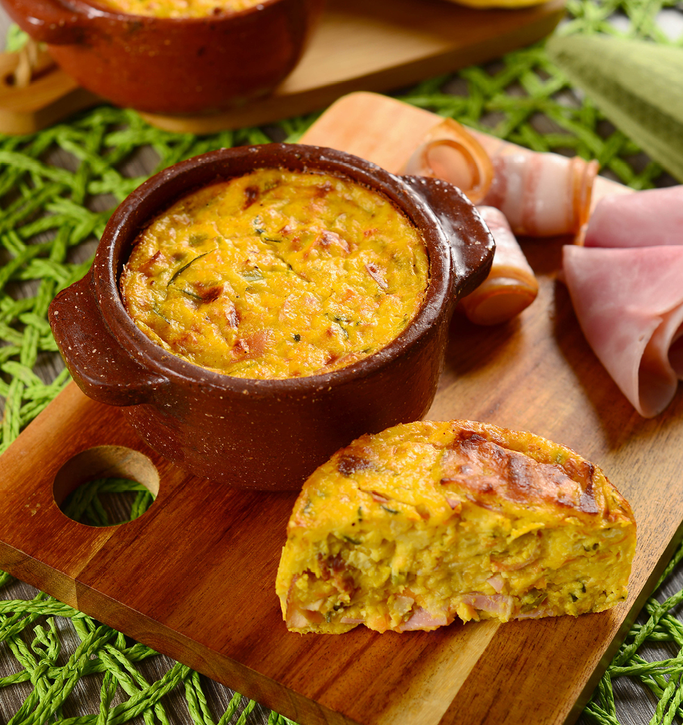 Soufflé de verduras con jamón cocido y panceta ahumada 